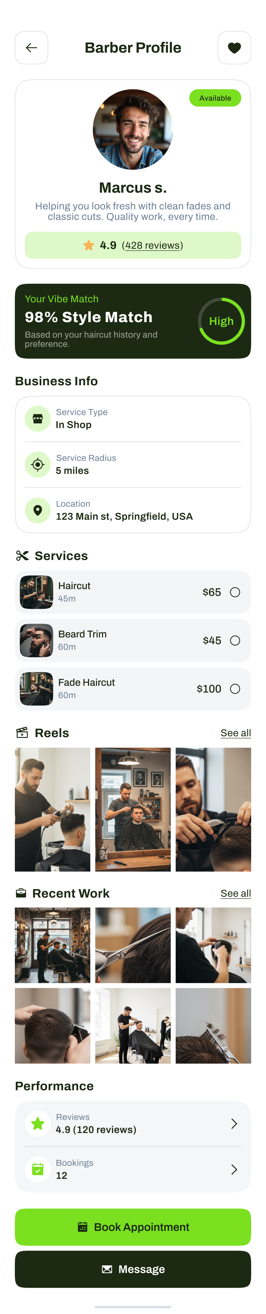 Barber profile with reviews and recent work